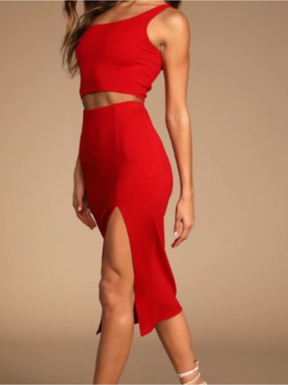 Lulus Red High-Waist Midi Skirt with Front Slit